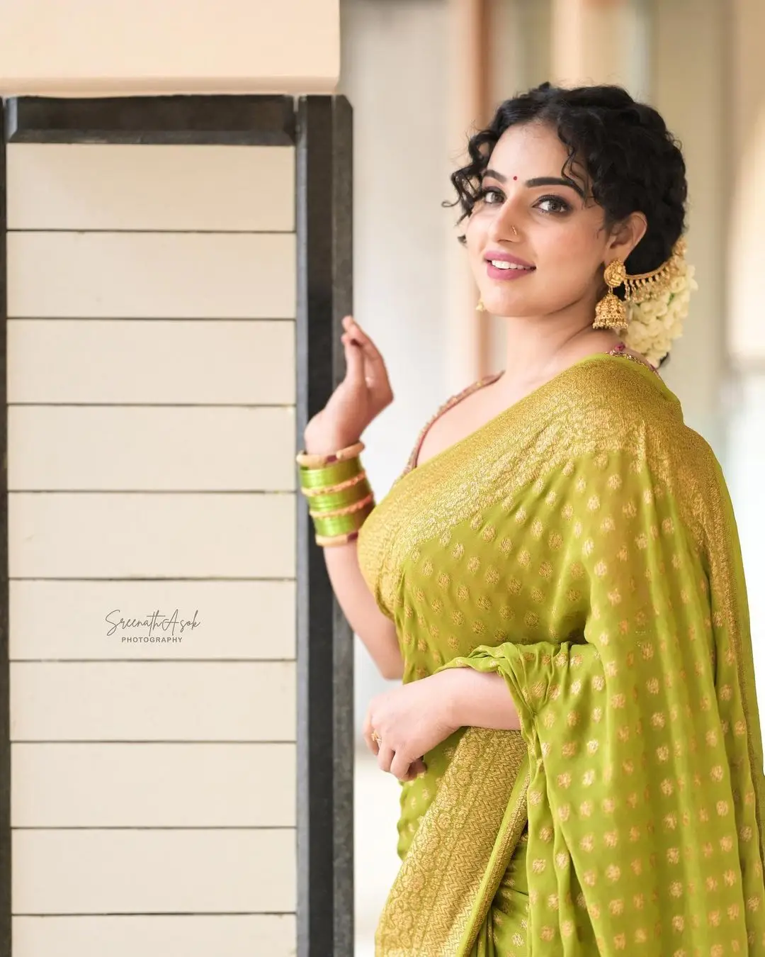 MALAVIKA MENON IN SOUTH INDIAN TRADITIONAL GREEN SAREE RED BLOUSE 4